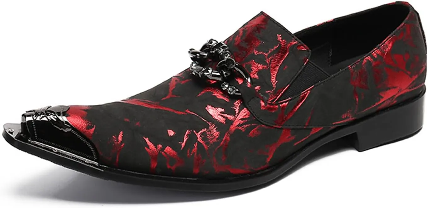 Mens Dress Shoes, Red Cowhide Slip on Loafers Plus Size Casual Business Low Top Pointed Metal Toe Breathable Formal Genuine Leather Shoes, 46 EU,Red