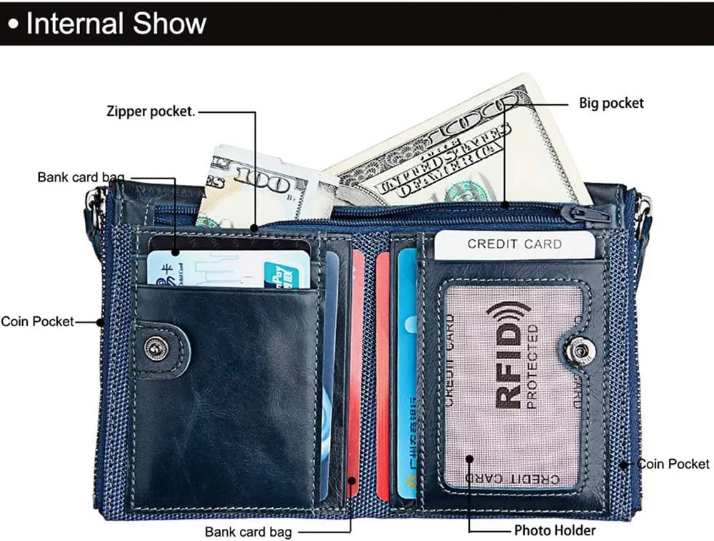 Men's Folding Double Zip Wallet RFID Blocks Retro Short Coin Purse