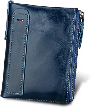 Men's Folding Double Zip Wallet RFID Blocks Retro Short Coin Purse