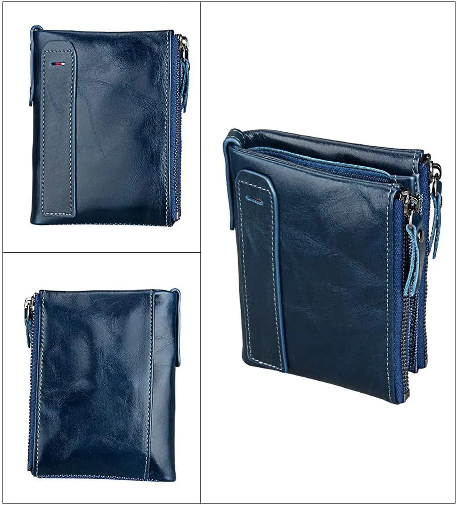 Men's Folding Double Zip Wallet RFID Blocks Retro Short Coin Purse