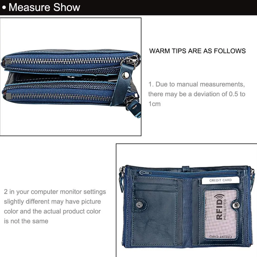 Men's Folding Double Zip Wallet RFID Blocks Retro Short Coin Purse