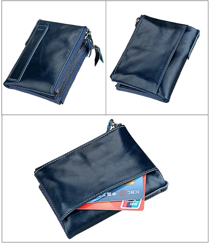 Men's Folding Double Zip Wallet RFID Blocks Retro Short Coin Purse