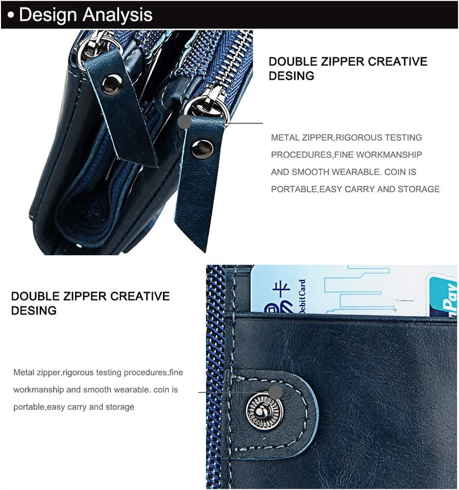 Men's Folding Double Zip Wallet RFID Blocks Retro Short Coin Purse
