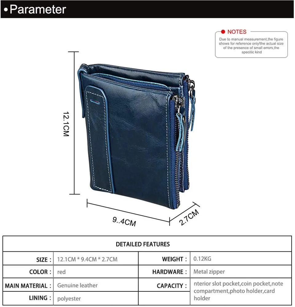 Men's Folding Double Zip Wallet RFID Blocks Retro Short Coin Purse