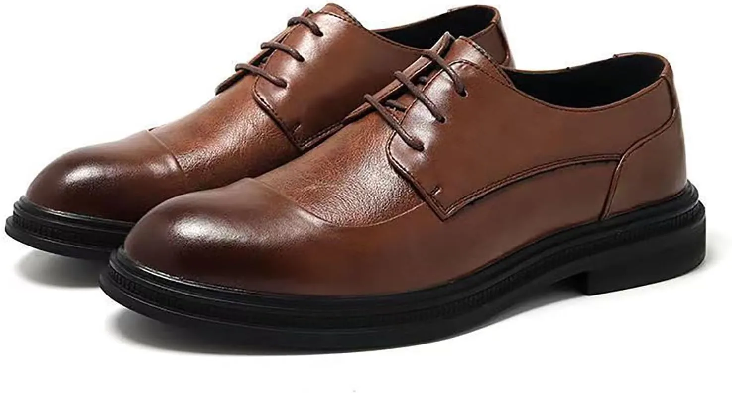 Men's Genuine Leather Dress Shoes with Comfortable Thick Heel & Hand-Crafted Stitching - Ideal for Business Casual Everyday Wear