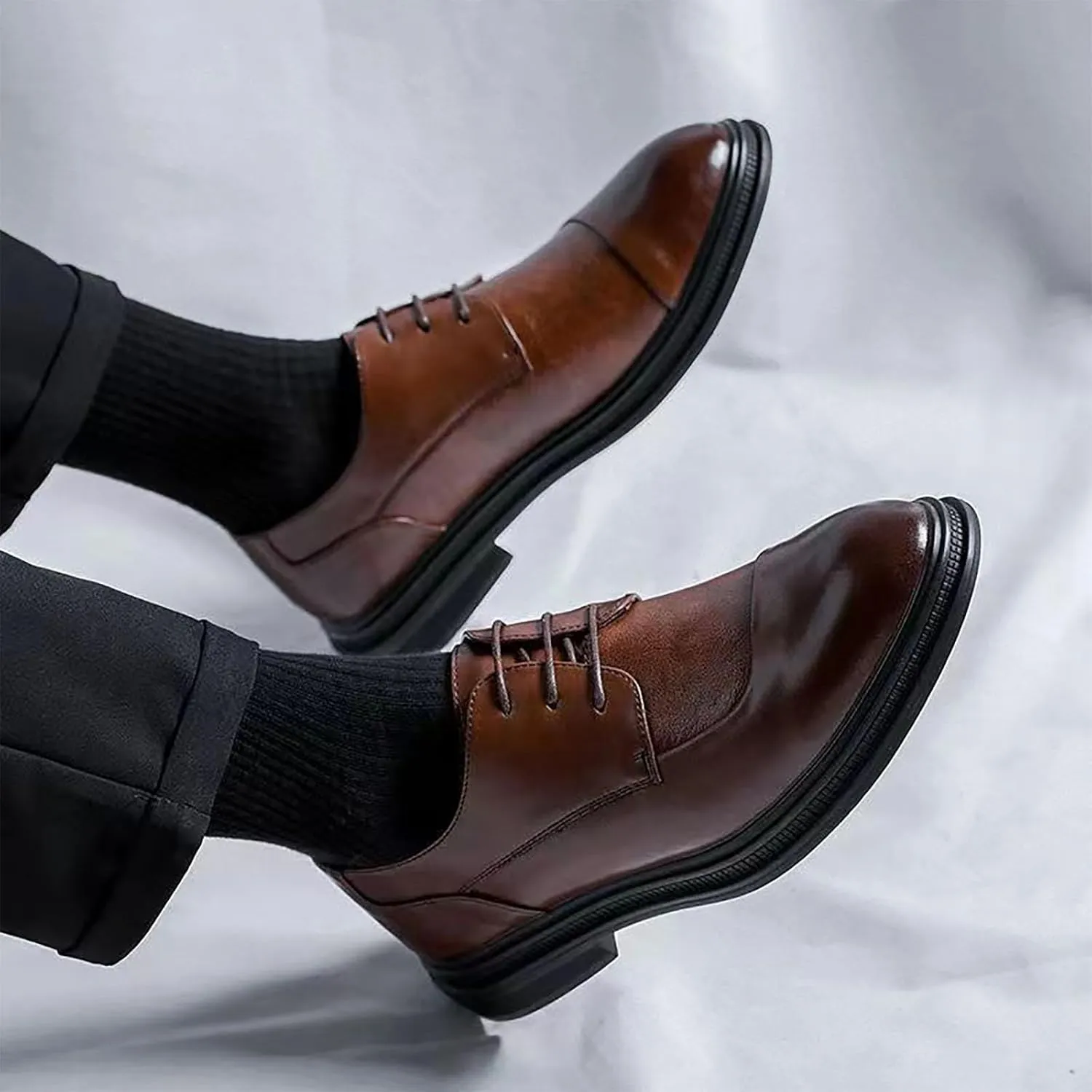 Men's Genuine Leather Dress Shoes with Comfortable Thick Heel & Hand-Crafted Stitching - Ideal for Business Casual Everyday Wear