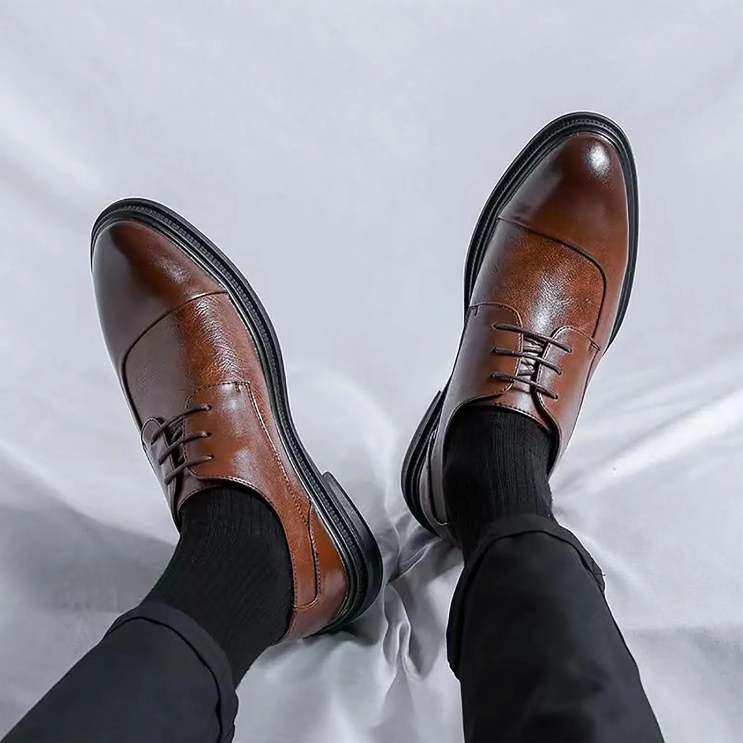 Men's Genuine Leather Dress Shoes with Comfortable Thick Heel & Hand-Crafted Stitching - Ideal for Business Casual Everyday Wear