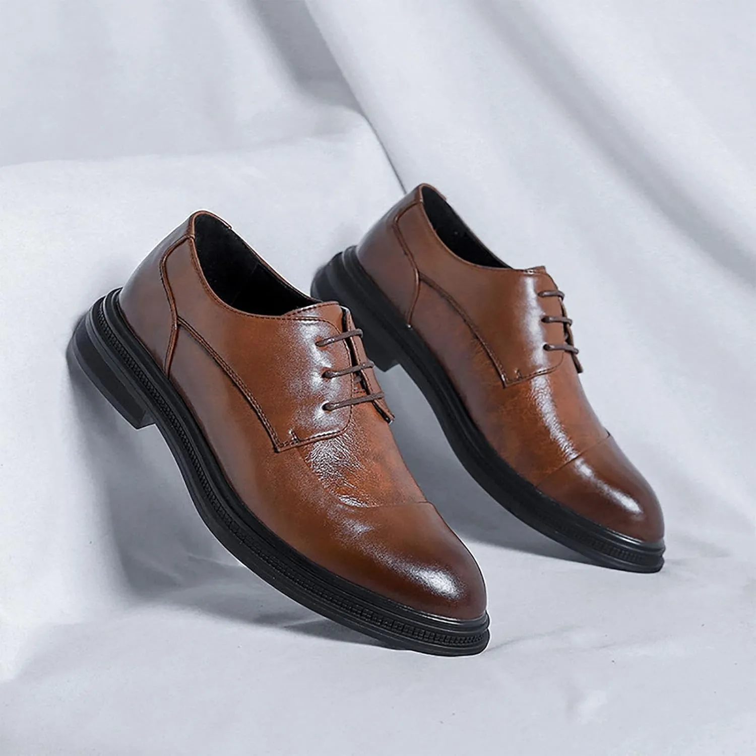 Men's Genuine Leather Dress Shoes with Comfortable Thick Heel & Hand-Crafted Stitching - Ideal for Business Casual Everyday Wear