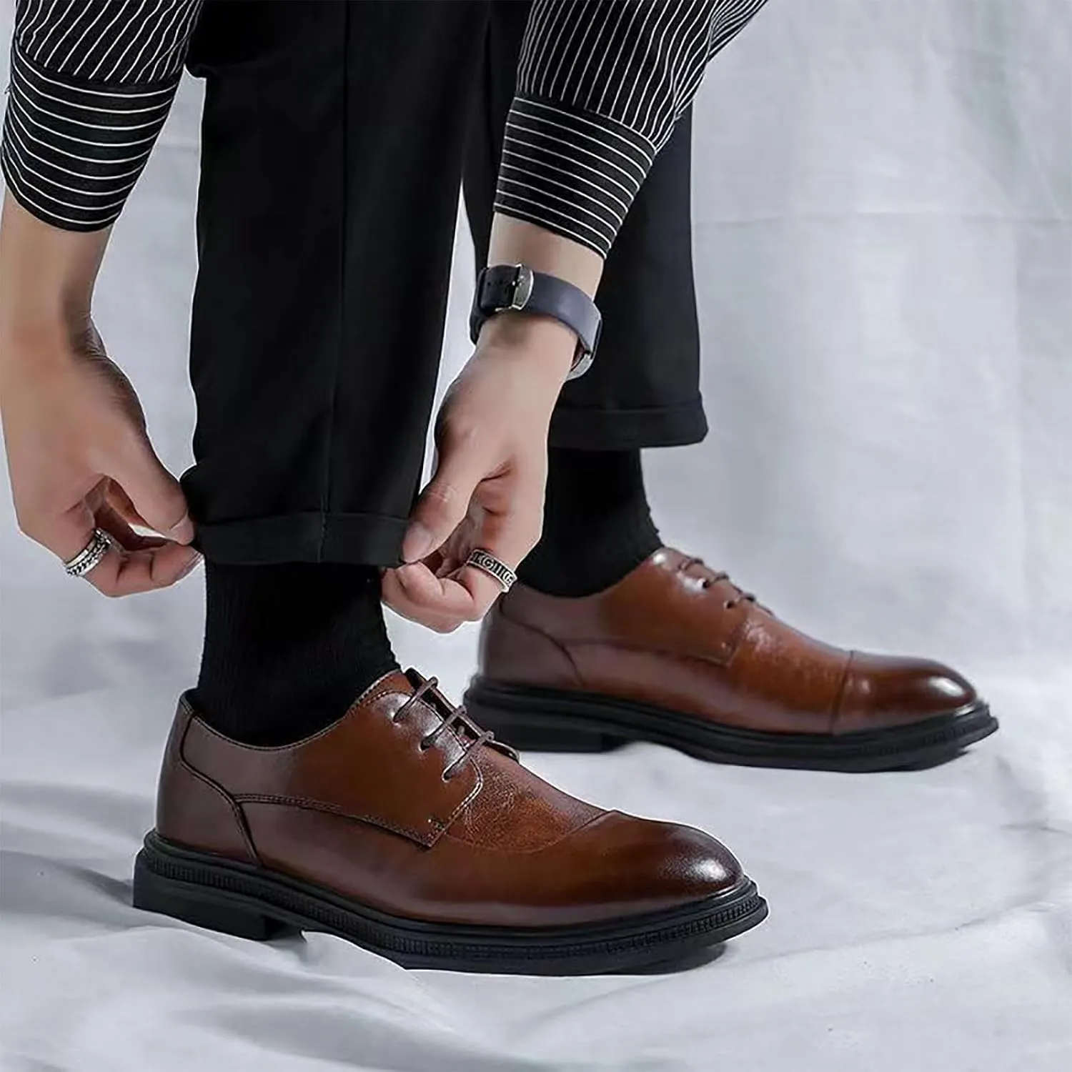 Men's Genuine Leather Dress Shoes with Comfortable Thick Heel & Hand-Crafted Stitching - Ideal for Business Casual Everyday Wear
