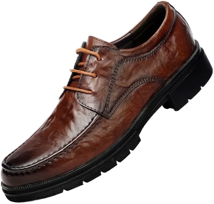 Men's Genuine Leather Platform Lace Up Dress Shoes Round Toe Low Non Slip Mens Oxfords Shoes