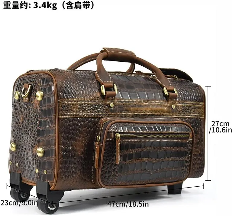 Mens leather cowhide pole case Vintage cowhide travel bag Large capacity suitcase Business travel handbag