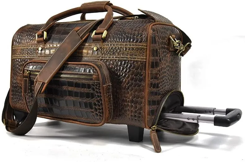 Mens leather cowhide pole case Vintage cowhide travel bag Large capacity suitcase Business travel handbag