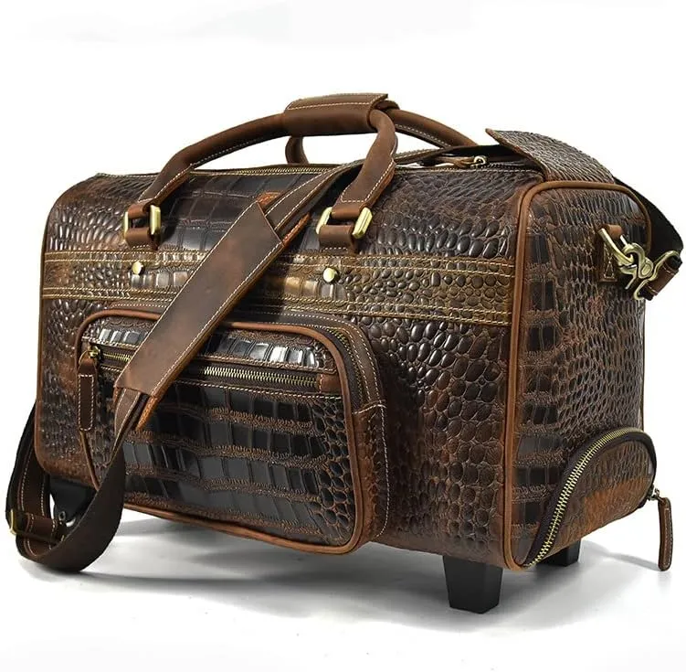Mens leather cowhide pole case Vintage cowhide travel bag Large capacity suitcase Business travel handbag