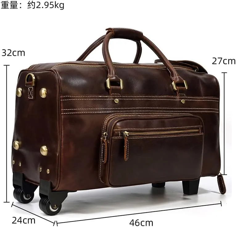Mens leather cowhide pole case Vintage cowhide travel bag Large capacity suitcase Business travel handbag