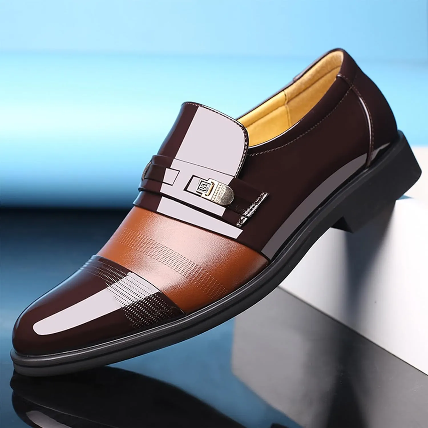 Men's Printing Pointed-Toe Patent Leather Derby Oxford Shoes, Classic Round Toe Soft Bottom Slip-On Business Work Loafers Plus Size Casual Business Low Top Pointed Toe Breathable Suit Shoes