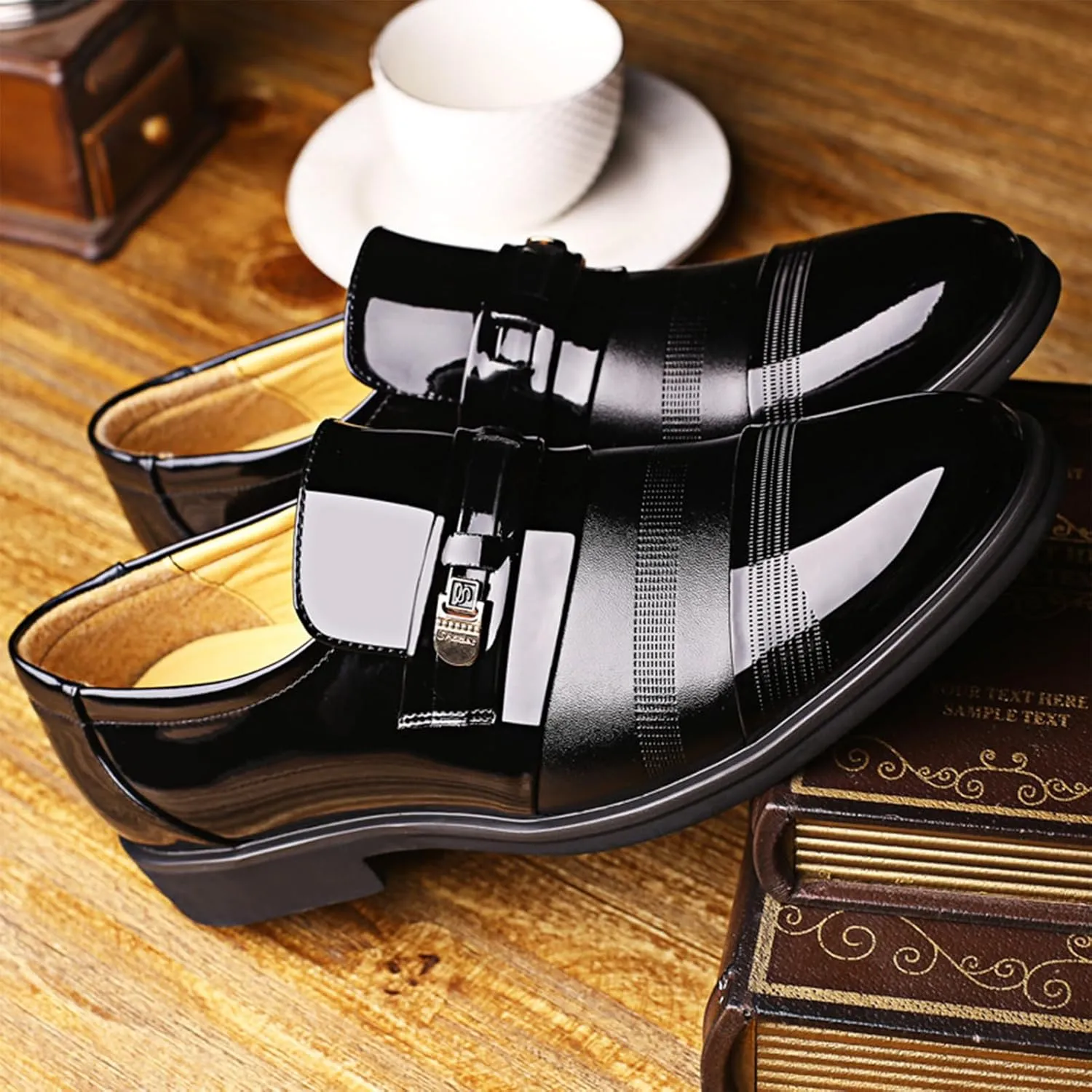 Men's Printing Pointed-Toe Patent Leather Derby Oxford Shoes, Classic Round Toe Soft Bottom Slip-On Business Work Loafers Plus Size Casual Business Low Top Pointed Toe Breathable Suit Shoes