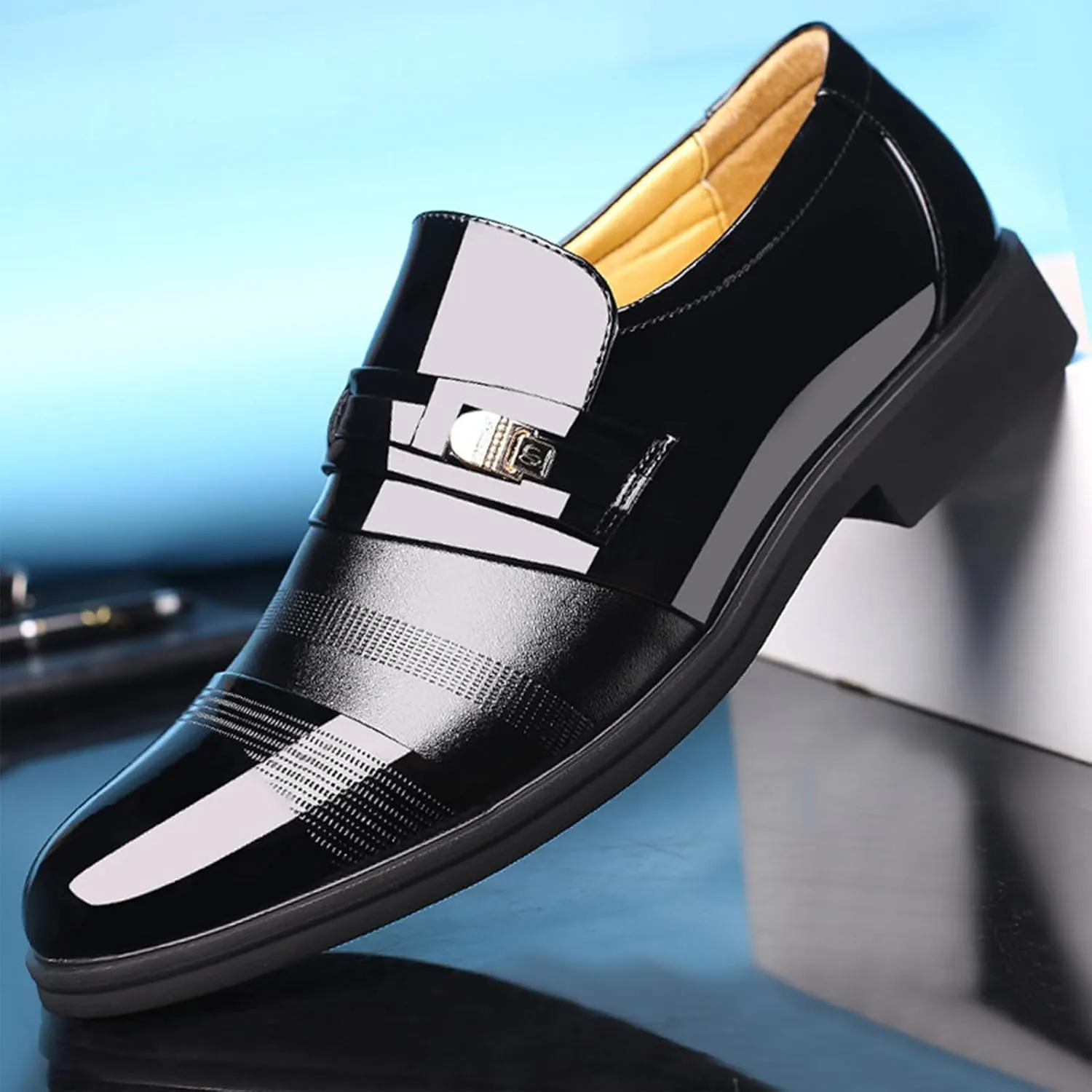 Men's Printing Pointed-Toe Patent Leather Derby Oxford Shoes, Classic Round Toe Soft Bottom Slip-On Business Work Loafers Plus Size Casual Business Low Top Pointed Toe Breathable Suit Shoes