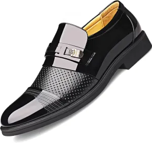 Men's Printing Pointed-Toe Patent Leather Derby Oxford Shoes, Classic Round Toe Soft Bottom Slip-On Business Work Loafers Plus Size Casual Business Low Top Pointed Toe Breathable Suit Shoes