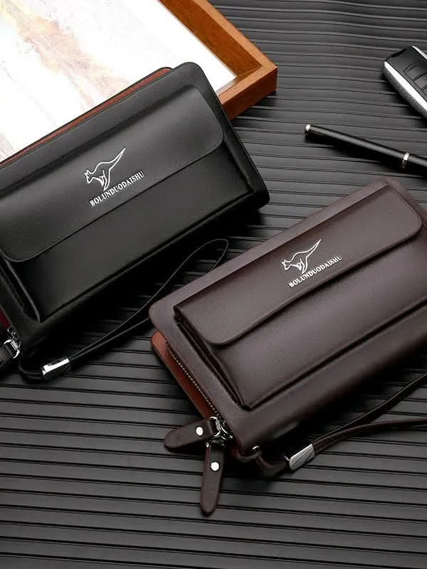 Men’s PU Leather Clutch Bag – Double Zipper Business Handbag with Phone Storage