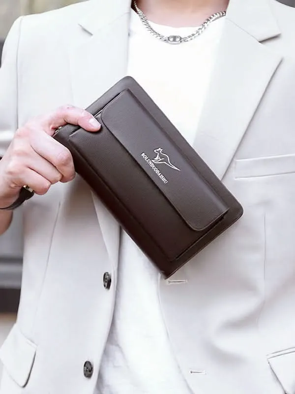 Men’s PU Leather Clutch Bag – Double Zipper Business Handbag with Phone Storage