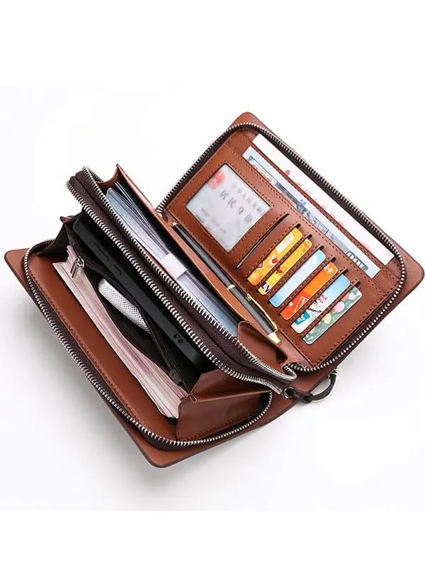 Men’s PU Leather Clutch Bag – Double Zipper Business Handbag with Phone Storage