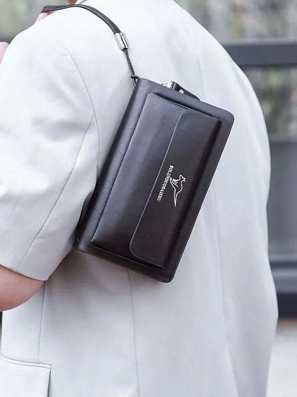 Men’s PU Leather Clutch Bag – Double Zipper Business Handbag with Phone Storage