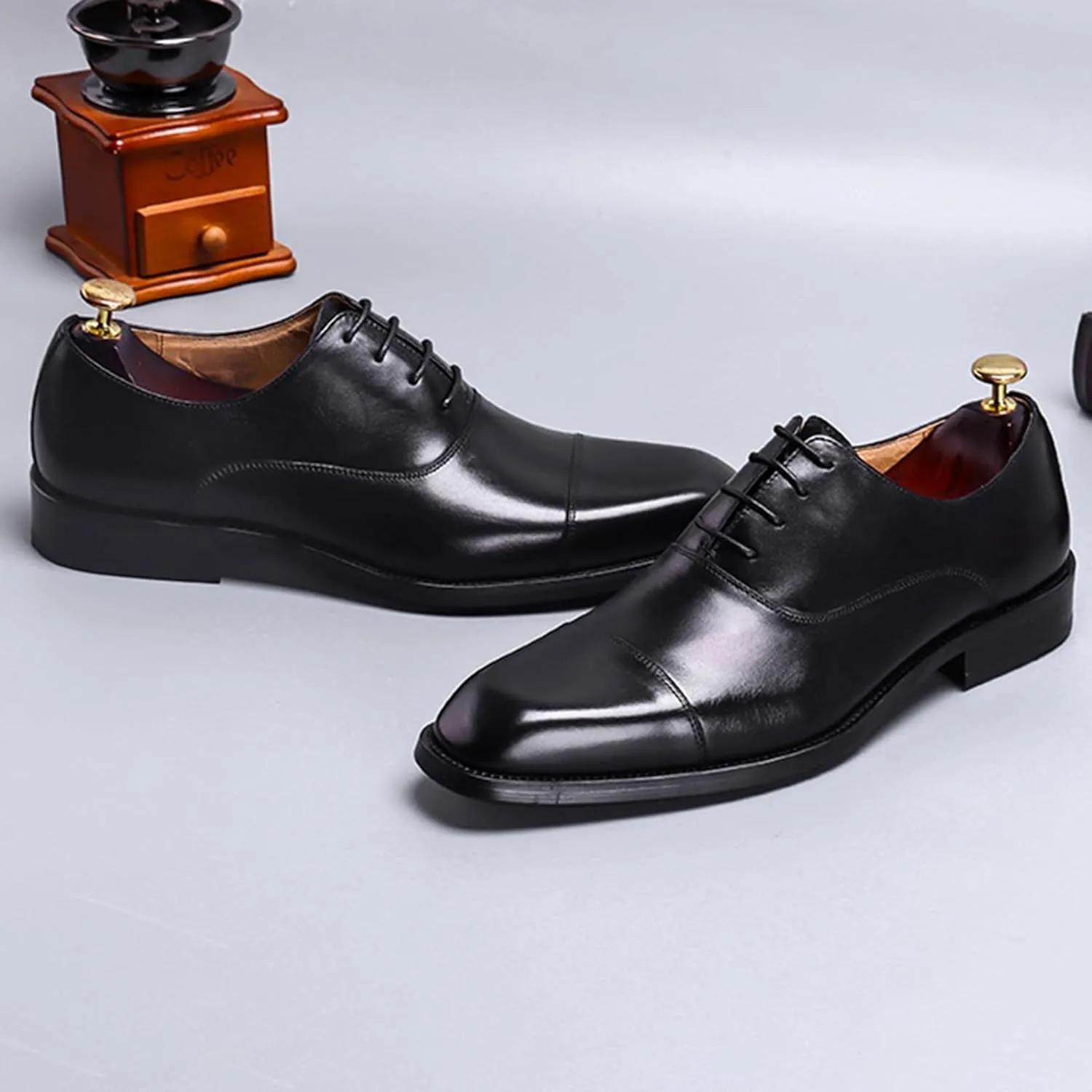 Mens Square Toe Oxford Genuine Leather Lace Up Shoes Fashion Formal Dress Shoe for Business Party Work Wedding