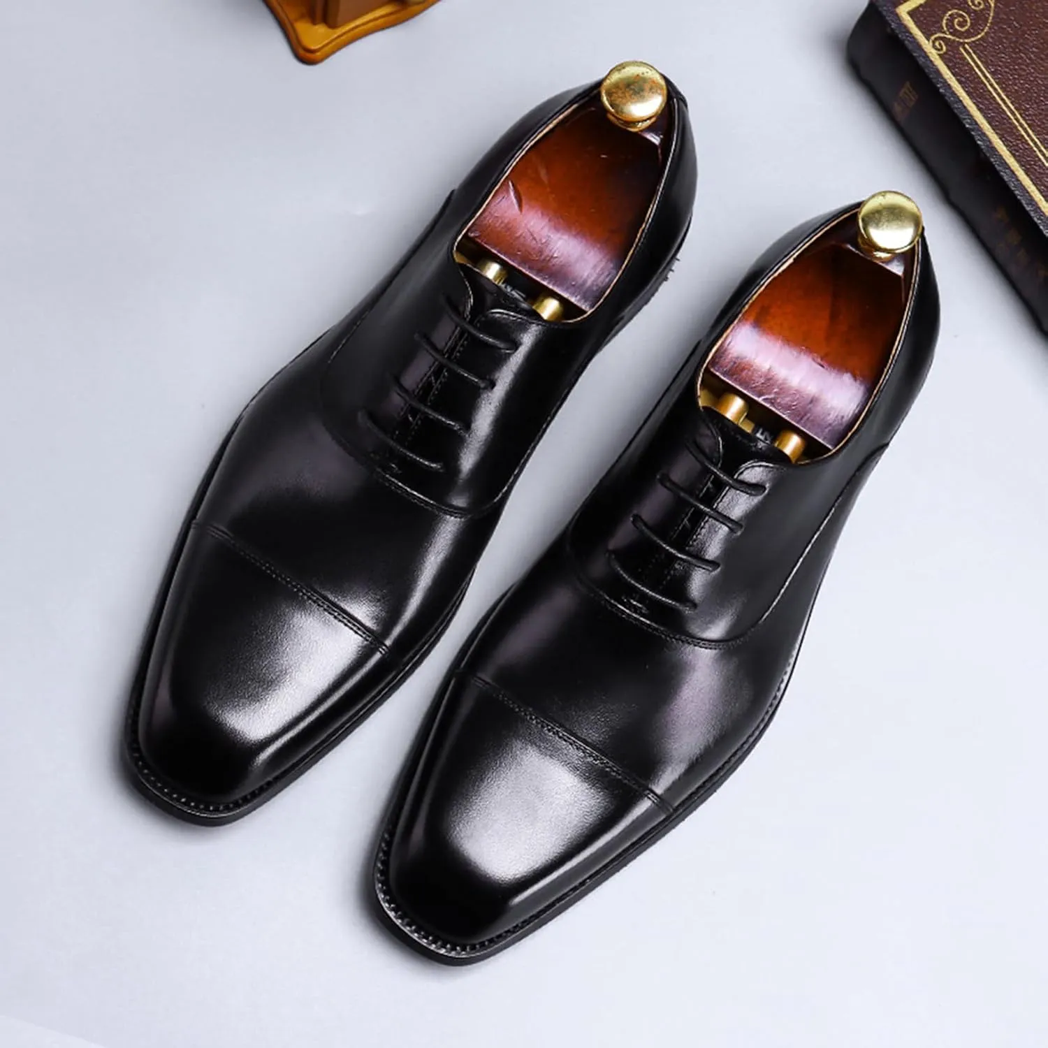 Mens Square Toe Oxford Genuine Leather Lace Up Shoes Fashion Formal Dress Shoe for Business Party Work Wedding