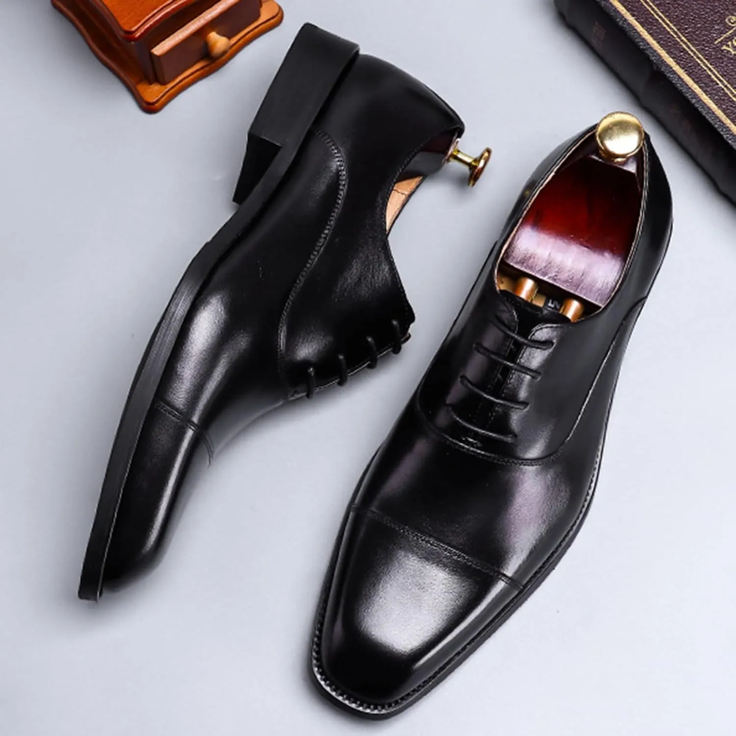 Mens Square Toe Oxford Genuine Leather Lace Up Shoes Fashion Formal Dress Shoe for Business Party Work Wedding