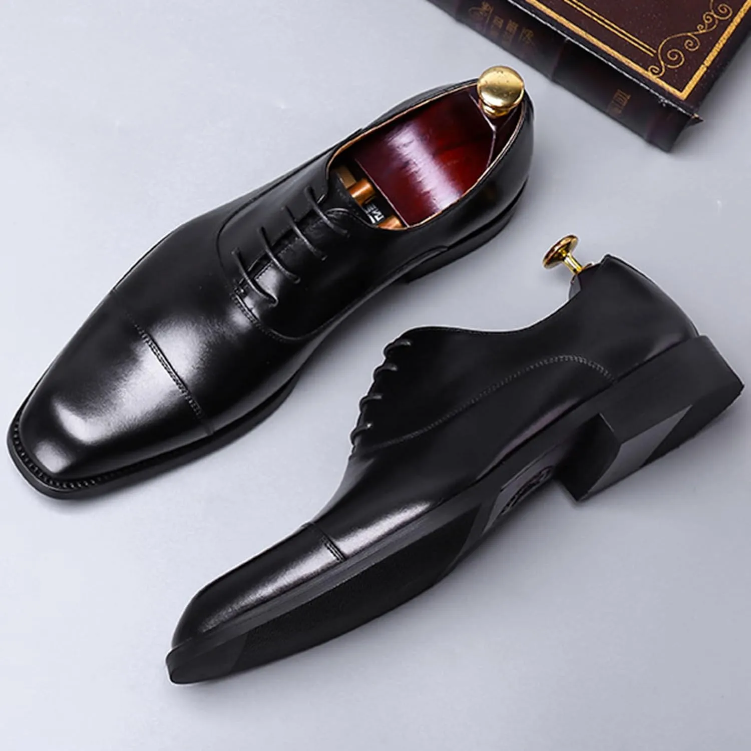 Mens Square Toe Oxford Genuine Leather Lace Up Shoes Fashion Formal Dress Shoe for Business Party Work Wedding