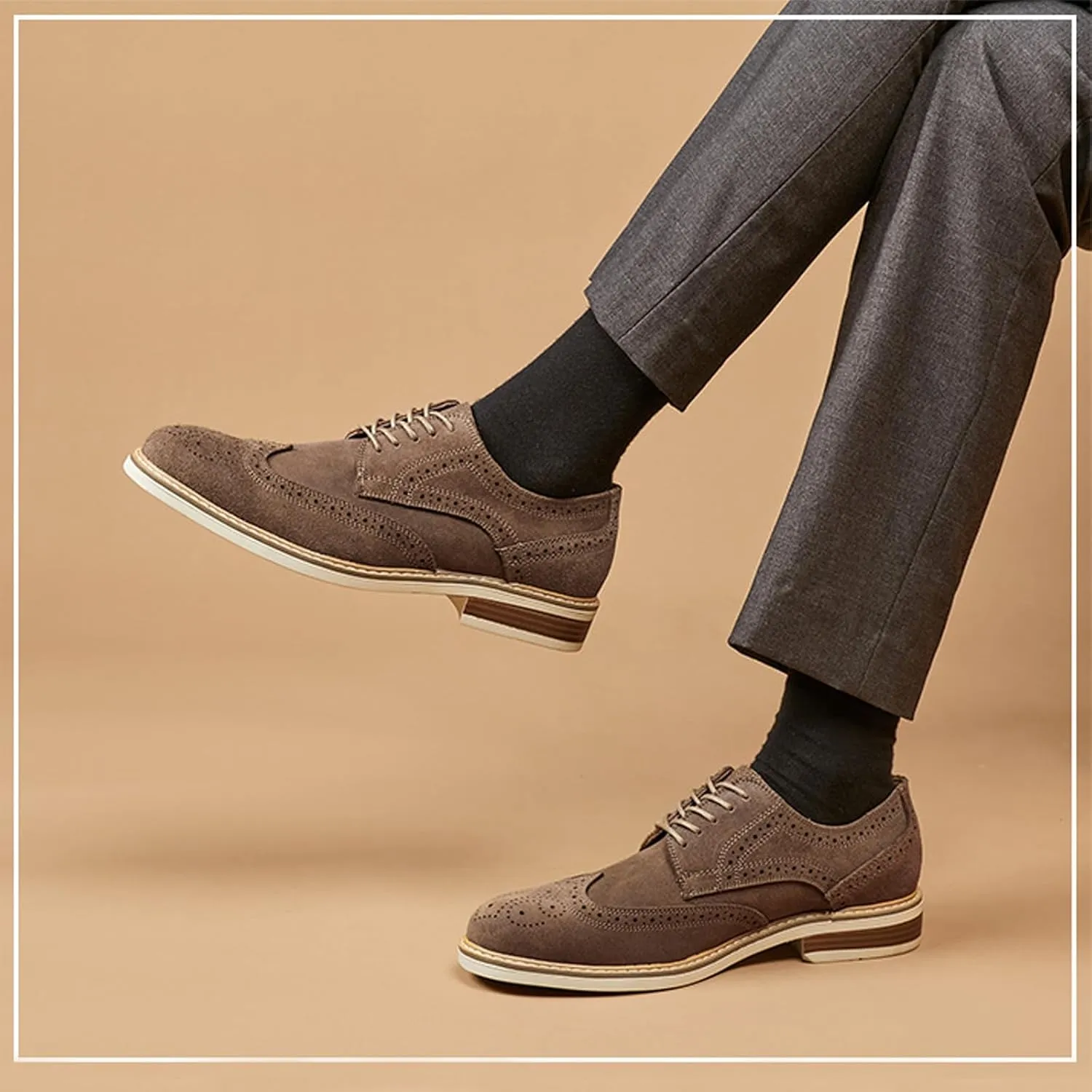 Men's Suede lace-up Brogue Wingtip Oxford Shoes Fashion Pointed Toe Classic Business Oxfords Shoes Wedding Business Dress Leather Shoes