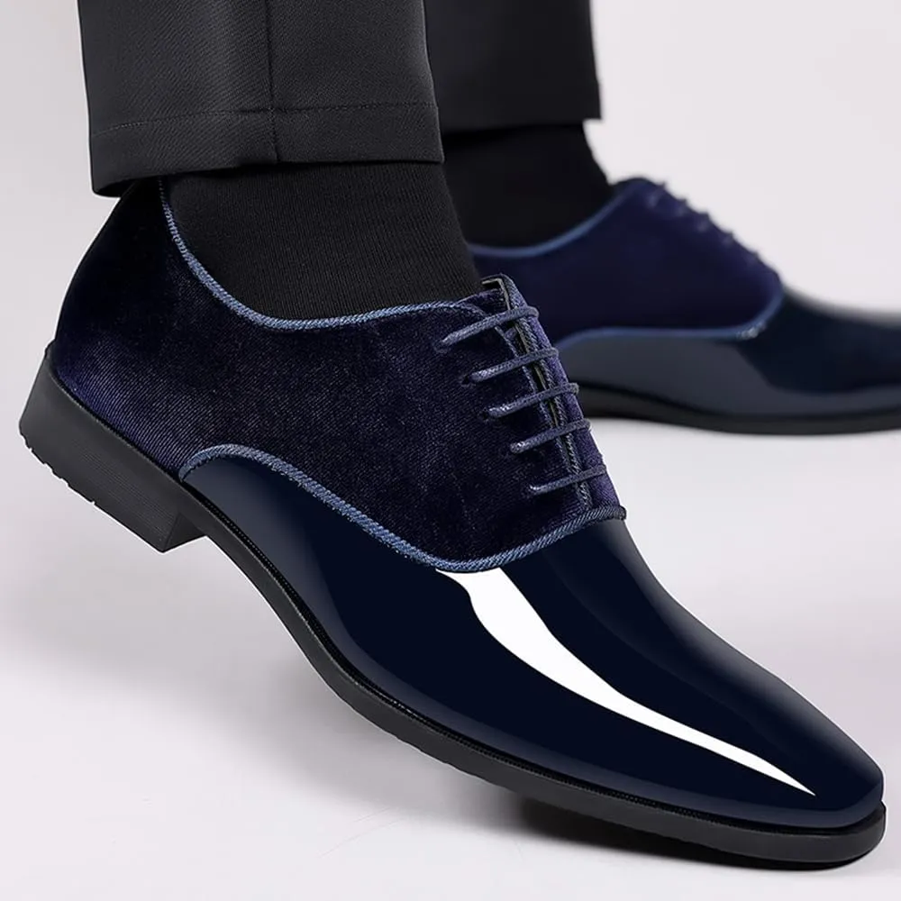 Men's Tuxedo Patent Leather Classic Velvet Lace-Up Business Dress Shoes