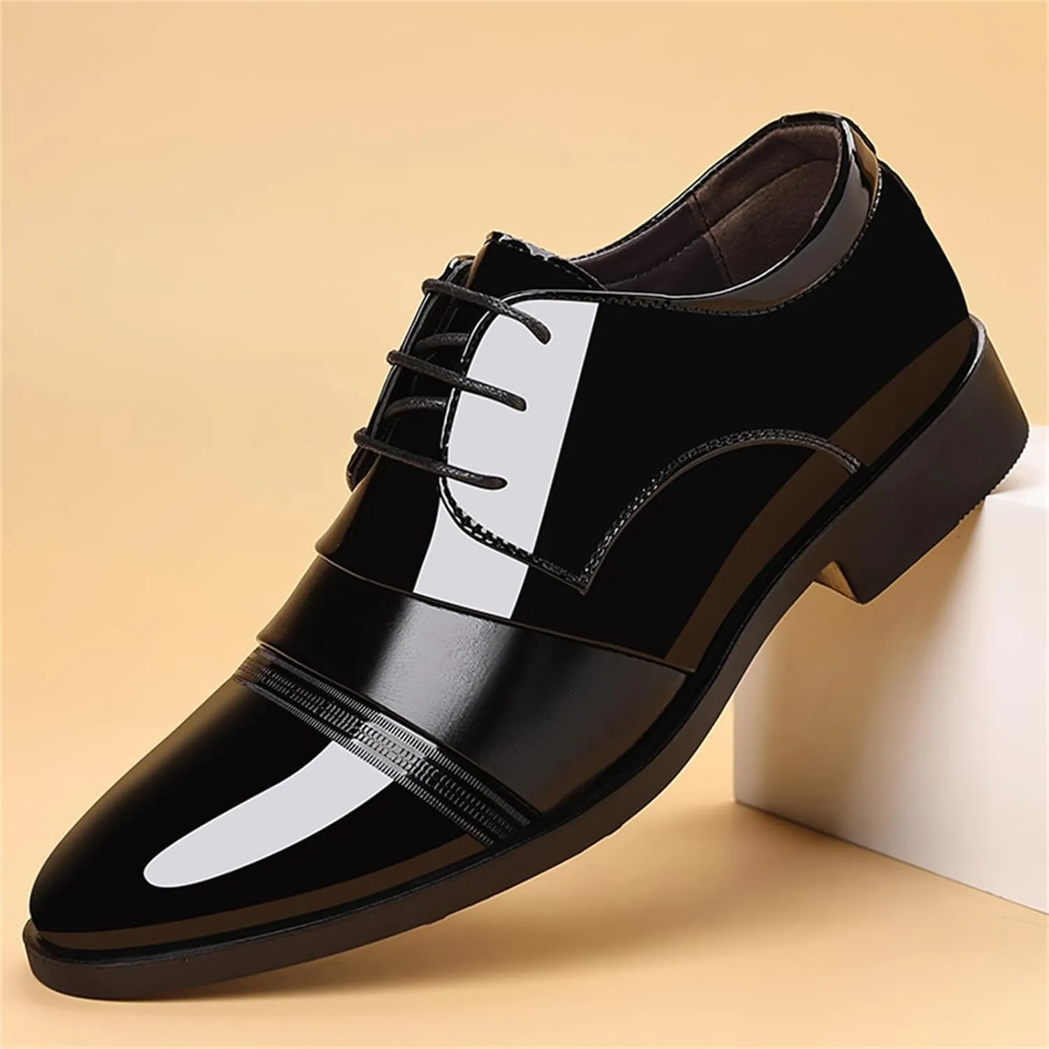 Men's Vintage High Gloss Patent Leather Oxfords Formal Business Lace up Tuxedo Dress Shoes
