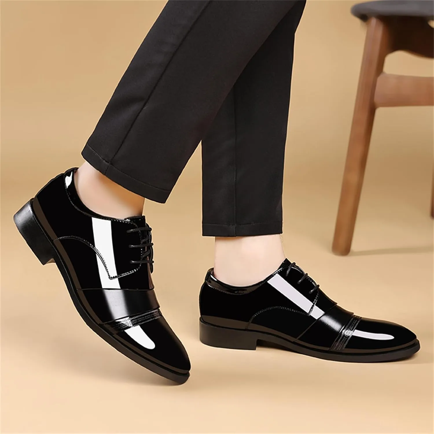 Men's Vintage High Gloss Patent Leather Oxfords Formal Business Lace up Tuxedo Dress Shoes