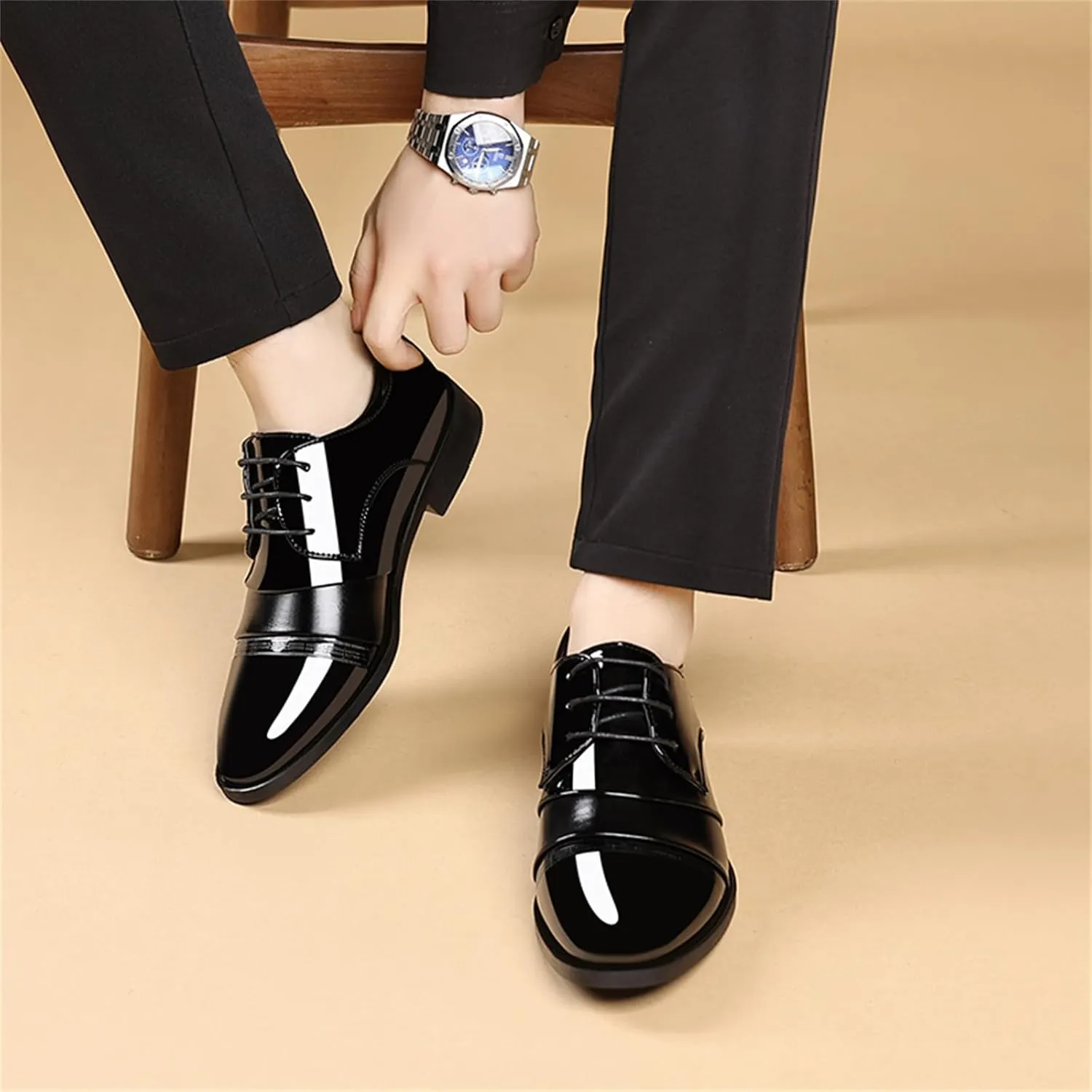 Men's Vintage High Gloss Patent Leather Oxfords Formal Business Lace up Tuxedo Dress Shoes