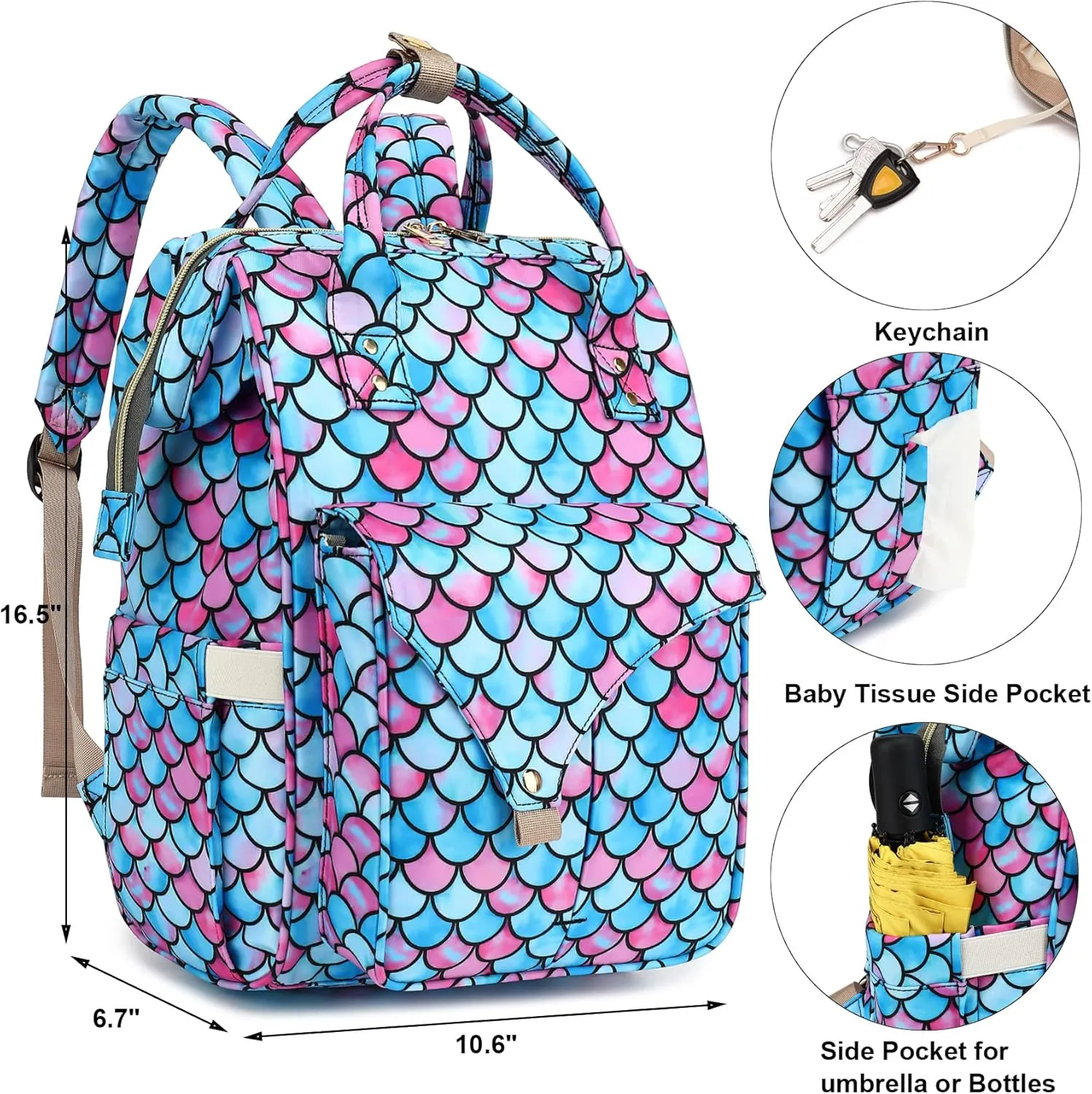 Mermaid Diaper Bag Backpack for Baby Girls Boys, Large Capacity Multifunction Waterproof Maternity Mom Nappy Bags with Stroller Straps