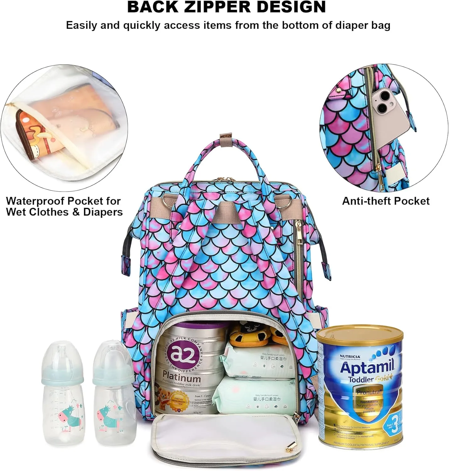 Mermaid Diaper Bag Backpack for Baby Girls Boys, Large Capacity Multifunction Waterproof Maternity Mom Nappy Bags with Stroller Straps
