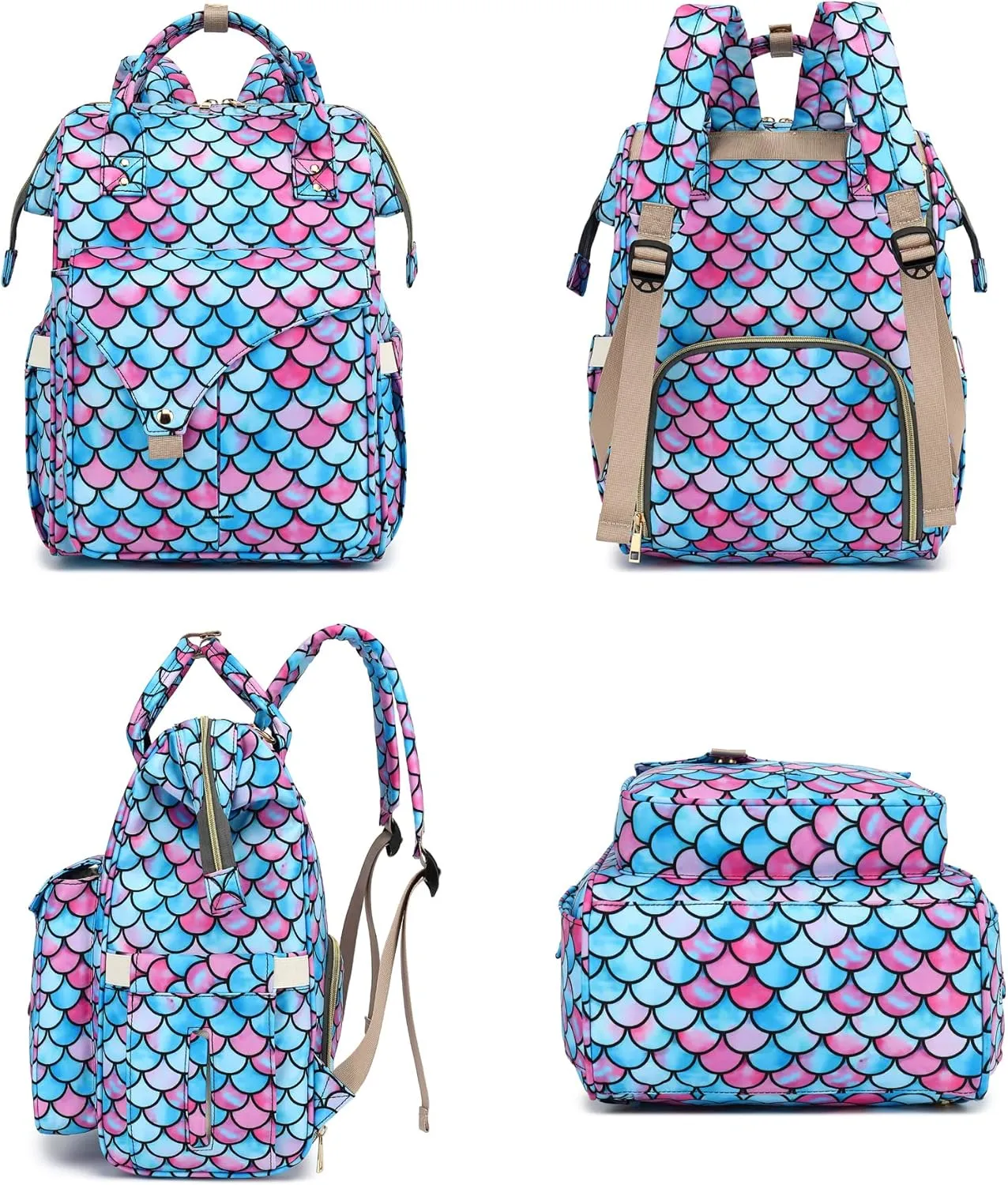 Mermaid Diaper Bag Backpack for Baby Girls Boys, Large Capacity Multifunction Waterproof Maternity Mom Nappy Bags with Stroller Straps