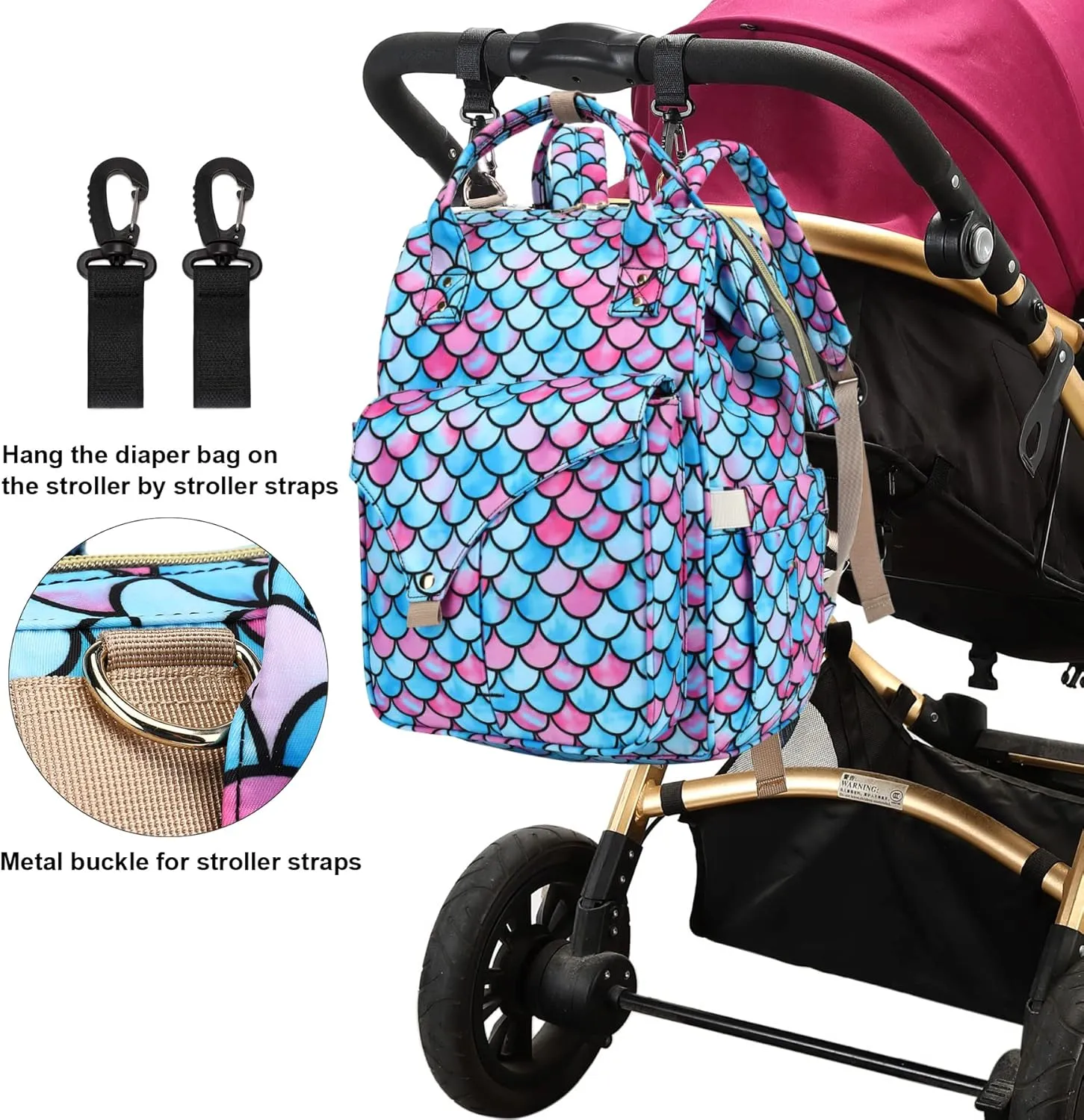 Mermaid Diaper Bag Backpack for Baby Girls Boys, Large Capacity Multifunction Waterproof Maternity Mom Nappy Bags with Stroller Straps