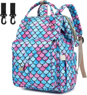 Mermaid Diaper Bag Backpack for Baby Girls Boys, Large Capacity Multifunction Waterproof Maternity Mom Nappy Bags with Stroller Straps
