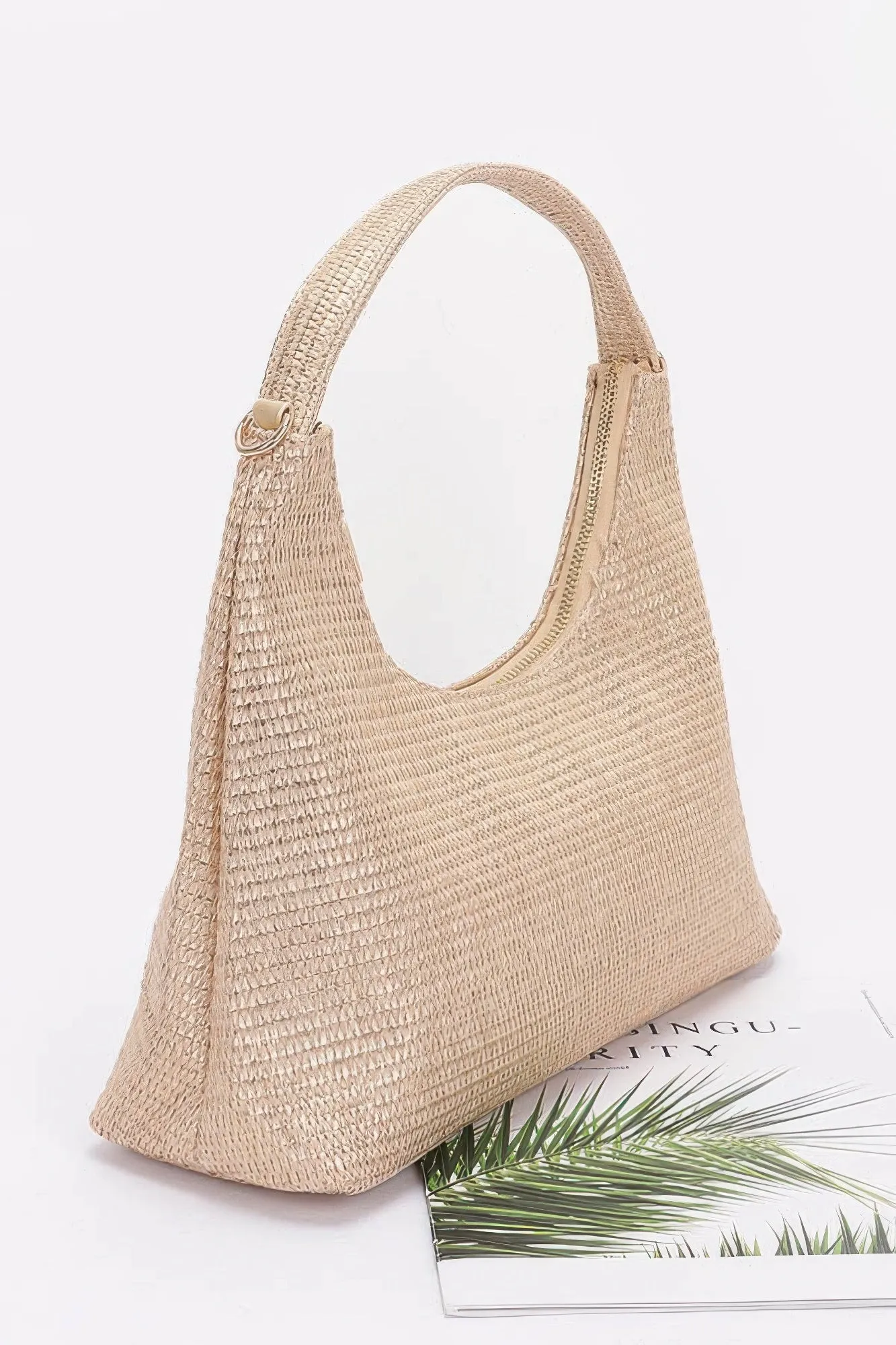 Metallic Faux Straw Hobo Bag