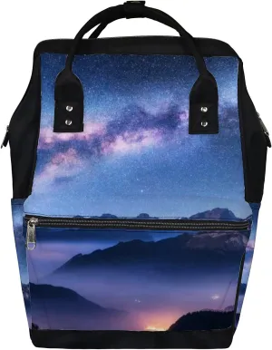 Milky Way Above Mountains Fog Night Diaper Bag Backpack, waterproof backpack Baby Nappy Changing Bags Laptop Backpack for Travel, Large Capacity, Durable and Stylish for Woman and Men.