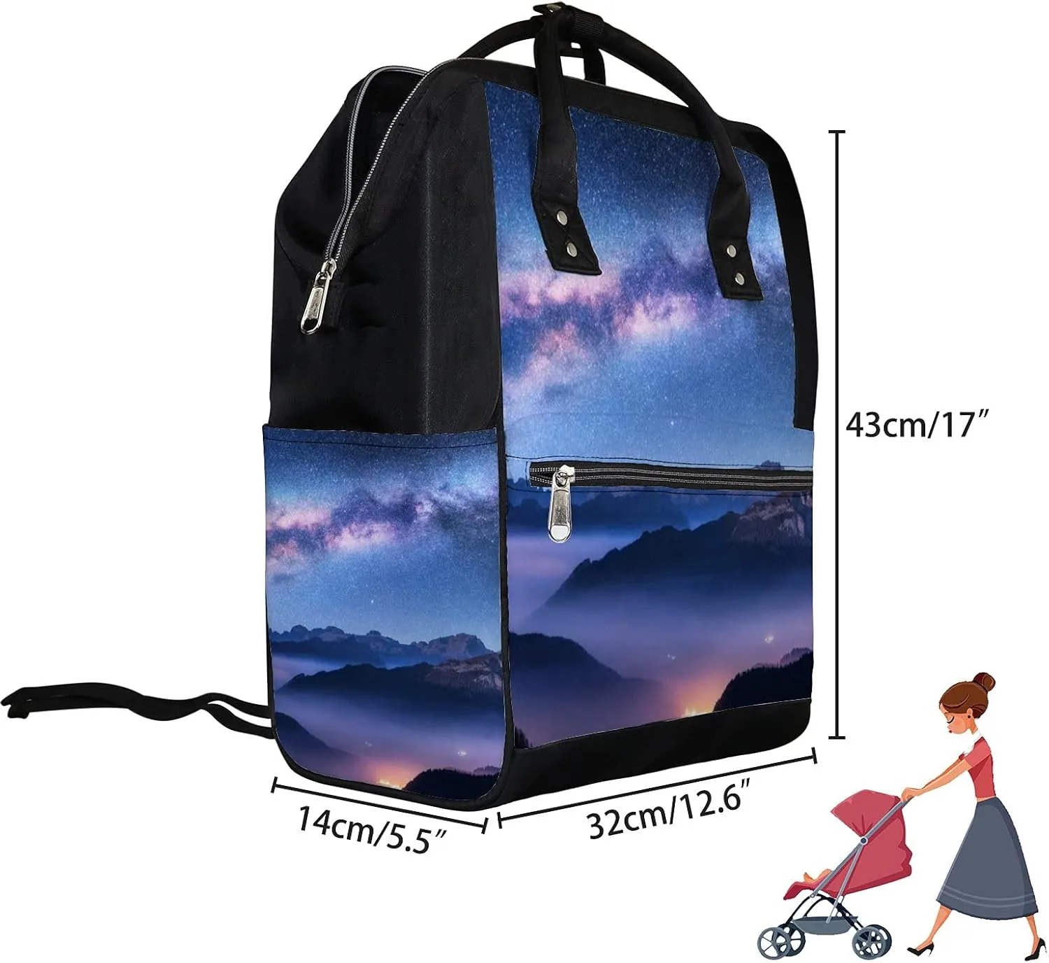 Milky Way Above Mountains Fog Night Diaper Bag Backpack, waterproof backpack Baby Nappy Changing Bags Laptop Backpack for Travel, Large Capacity, Durable and Stylish for Woman and Men.