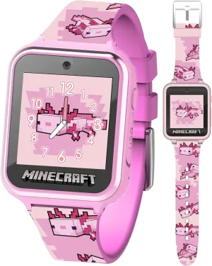 Minecraft Kids Smartwatch – Pink Axolotl Design, 10 Watch Faces, Step Counter, Selfie Camera, Calculator, Games, Voice Recorder, Alarm & Timer, Printed Silicone Straps – Fits Wrists 5.5"-8.0"