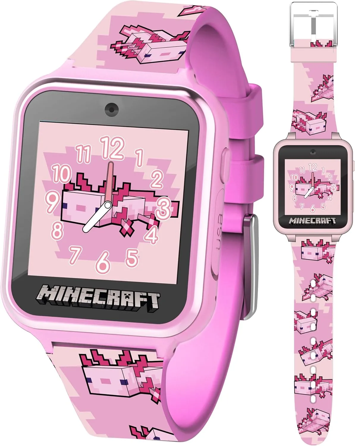 Minecraft Kids Smartwatch – Pink Axolotl Design, 10 Watch Faces, Step Counter, Selfie Camera, Calculator, Games, Voice Recorder, Alarm & Timer, Printed Silicone Straps – Fits Wrists 5.5"-8.0"