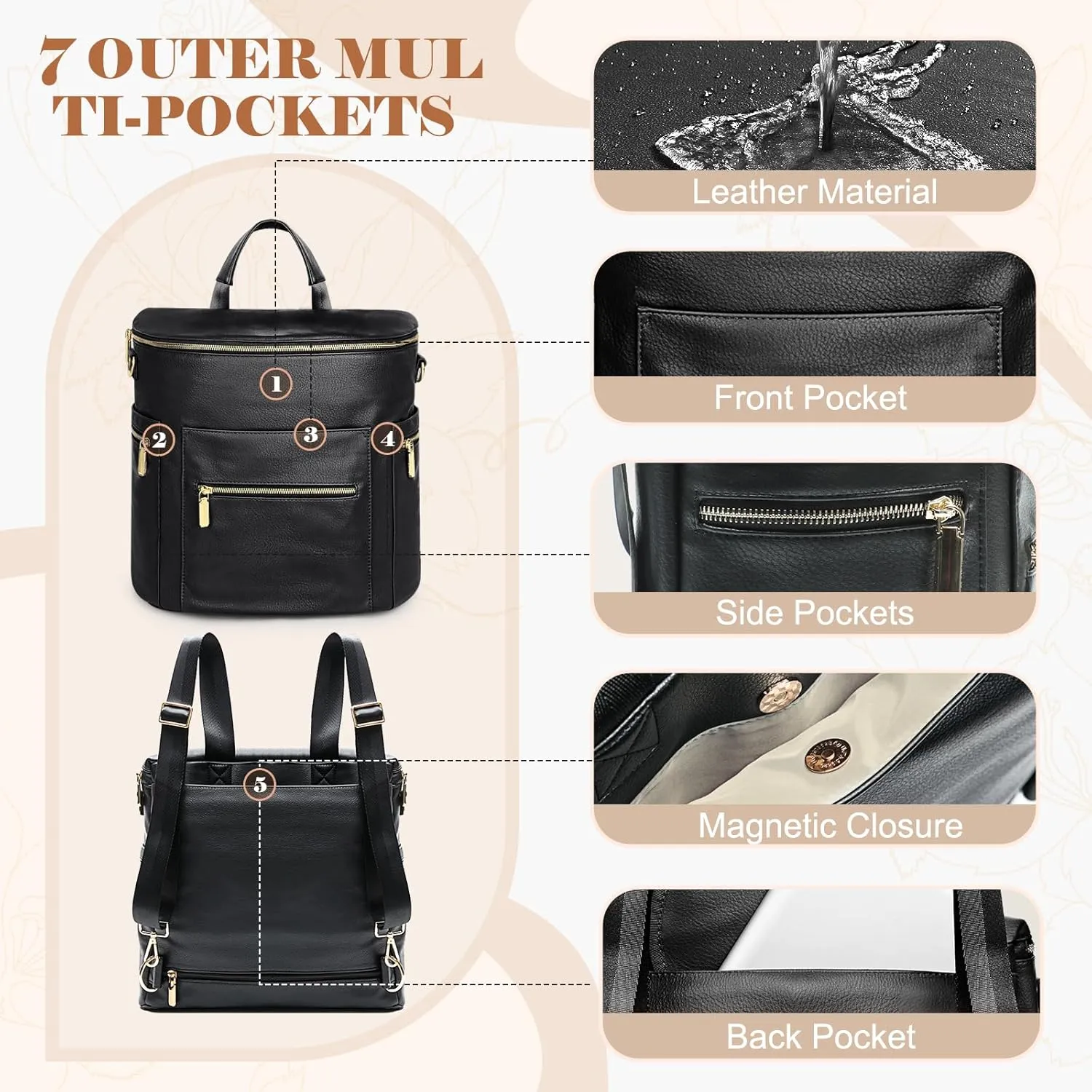 miss fong Diaper Bag Backpack Baby Diaper Bag, Large Leather Diaper Backpack with 16 Pockets Travel Diaper Bag with Diaper Changing Pad, Stroller Straps & 2 Insulated Pockets(Convertible, Black)