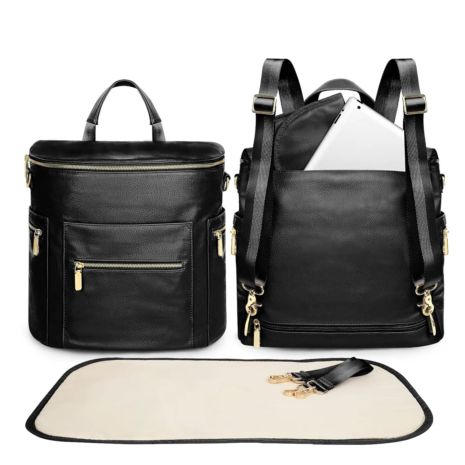 miss fong Diaper Bag Backpack Baby Diaper Bag, Large Leather Diaper Backpack with 16 Pockets Travel Diaper Bag with Diaper Changing Pad, Stroller Straps & 2 Insulated Pockets(Convertible, Black)