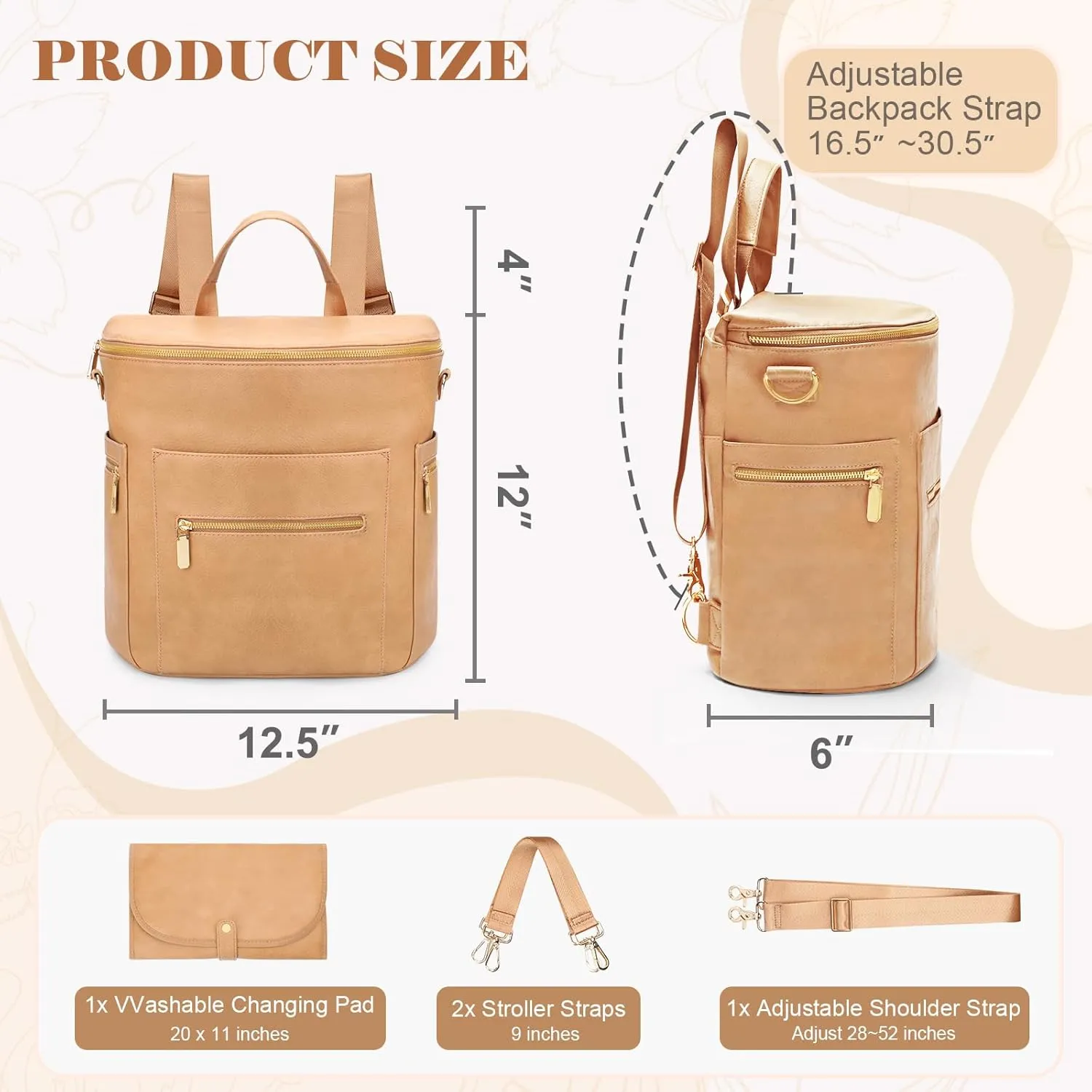 miss fong Diaper Bag Backpack Baby Diaper Bag, Large Leather Diaper Bag Backpack with 15 Pockets Diaper Bag Organizer, Changing Pad, Stroller Straps and 2 Insulated Pockets (Convertible, Peanut)