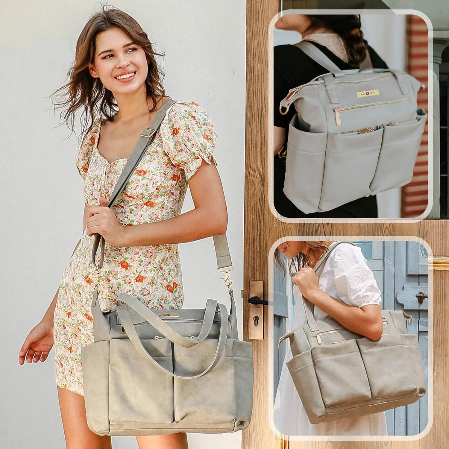 Miss Fong Leather Diaper Tote Backpack - Large Diaper Bag for Girls & Boys with 11 Organizer Pockets, Changing Pad, Stroller Straps, Insulated Pockets
