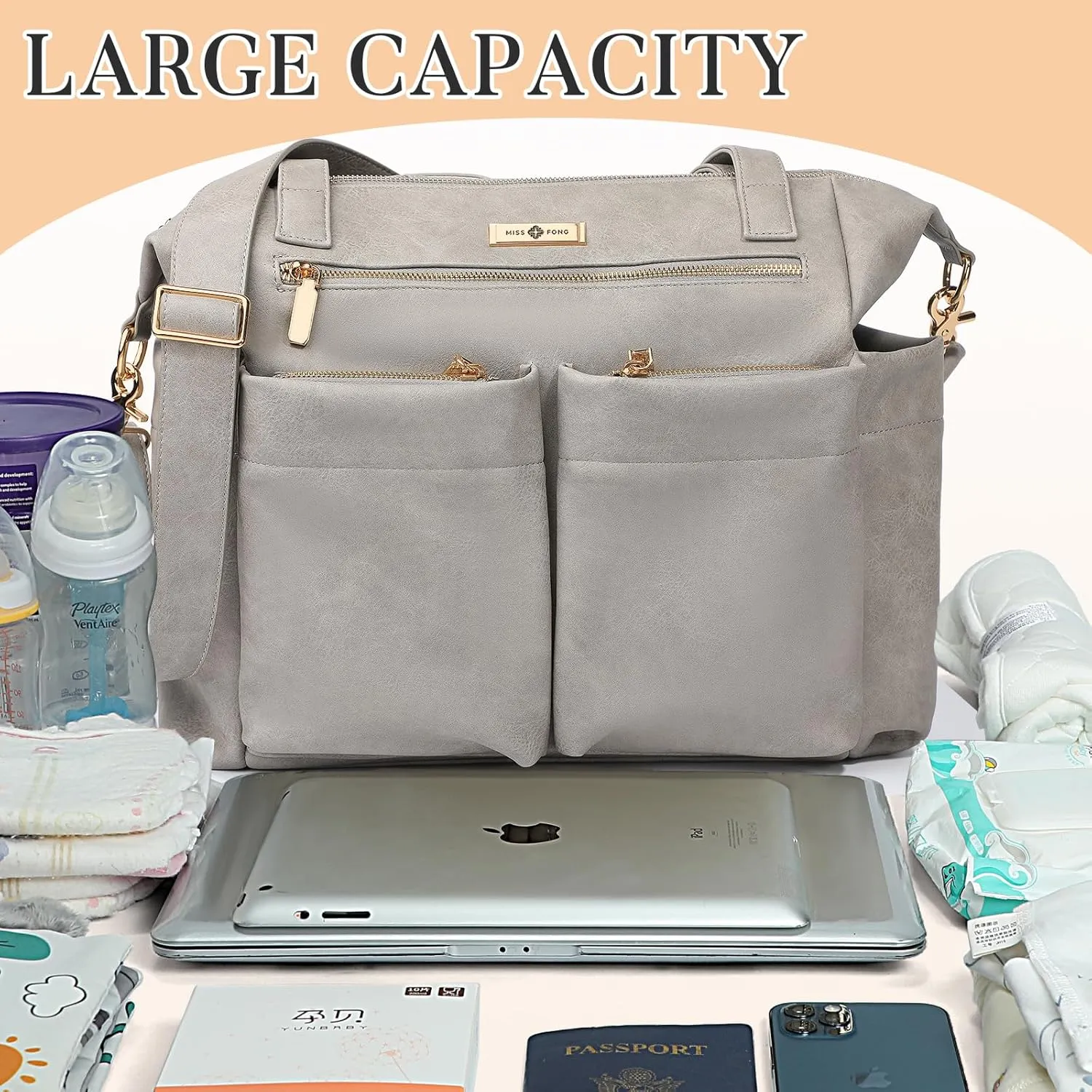 Miss Fong Leather Diaper Tote Backpack - Large Diaper Bag for Girls & Boys with 11 Organizer Pockets, Changing Pad, Stroller Straps, Insulated Pockets